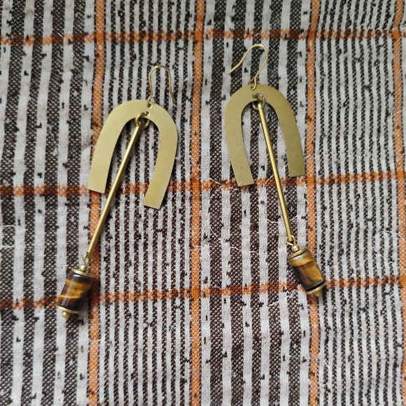 Tiger Eye Brass Statement Earrings - Picture 2 of 3